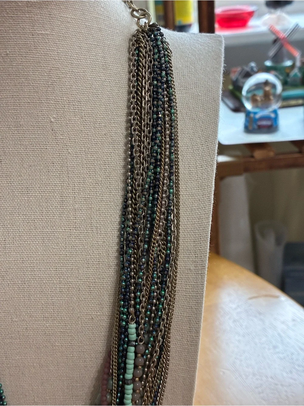 Stella & Dot Layered Beaded and Chain Necklace in Teal, Green and Pink